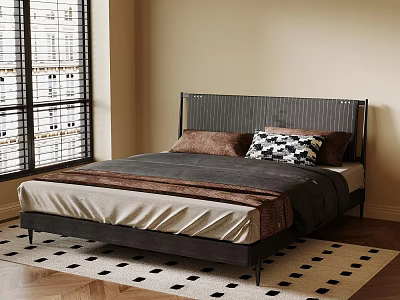 Modern Double Bed With Woven Headboard Brown Pillows And Geometric Rug By Window 3d model