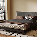 Modern Double Bed With Woven Headboard Brown Pillows And Geometric Rug By Window