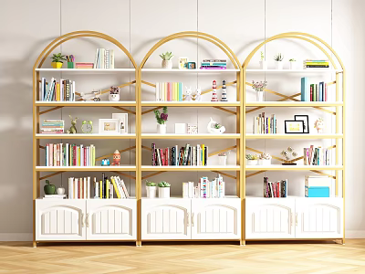 Arched Wooden Bookcases With Light Wood And White Cabinet Books Plants Photo Frames And Decor 3d model