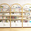 Arched Wooden Bookcases With Light Wood And White Cabinet Books Plants Photo Frames And Decor