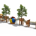 Kindergarten Playground With Wooden Play Structures Slide Climbing Net And Trees 3d model