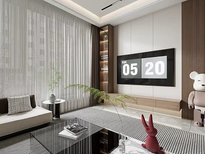 Modern Living Room TV Background Wall Design With White Brown Panels And Side Shelf 3d model