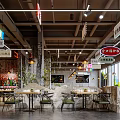 Industrial Style Restaurant With Neon Signs Chinese English Signs And Red White Striped Floor
