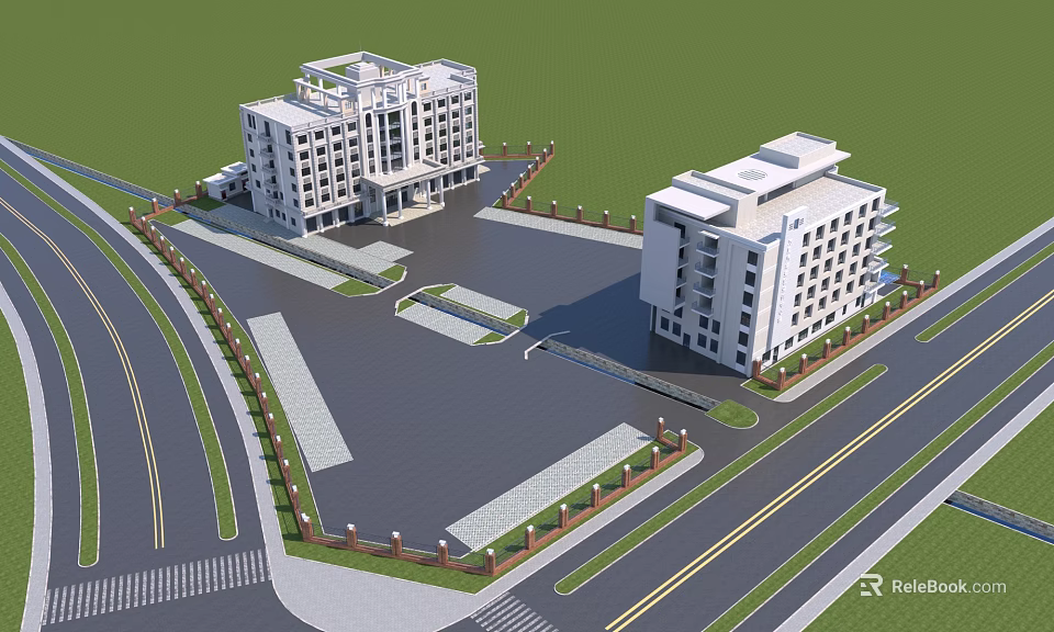 Modern White High Rise Buildings With Surrounding Roads And Green Belts 3d model 