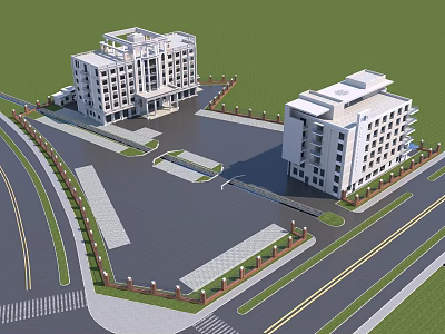 Modern White High Rise Buildings With Surrounding Roads And Green Belts 3d model