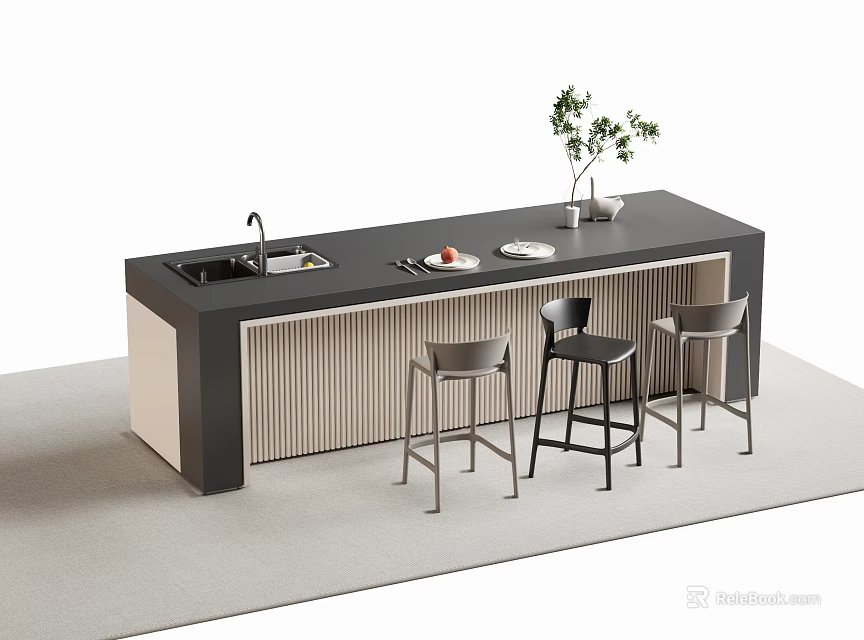 Modern Bar Counter With Black Top Sink Three Bar Stools And Potted Plant 3d model 