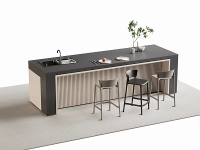 Modern Bar Counter With Black Top Sink Three Bar Stools And Potted Plant 3d model