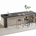 Modern Bar Counter With Black Top Sink Three Bar Stools And Potted Plant