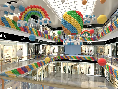Vibrant Shopping Mall Interior With Colorful Balloons Rainbow Decorations And Multi Level Stores 3d model