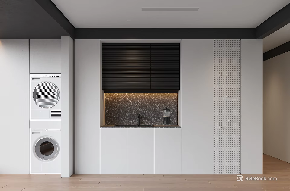 Modern White Sideboard Featuring Black Cabinet Coffee Machine On Countertop And Perforated Wall 3d model 