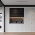 Modern White Sideboard Featuring Black Cabinet Coffee Machine On Countertop And Perforated Wall 3d model