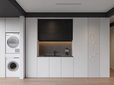 Modern White Sideboard Featuring Black Cabinet Coffee Machine On Countertop And Perforated Wall 3d model