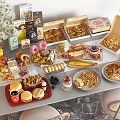 Assorted Foods Pizza Burger Fried Chicken Donuts on Table with Vase and Plants for Meal