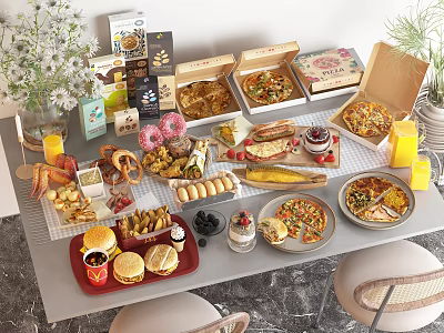 Assorted Foods Pizza Burger Fried Chicken Donuts on Table with Vase and Plants for Meal 3d model