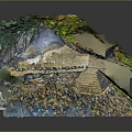 Natural Rocky Cliffside with Cave Entrance Stone Steps and Waterfront Green Vegetation