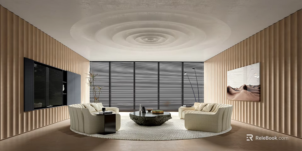 Sales Office Interior with Circular Layered Ceiling Wooden Walls Large Windows Blinds Beige Sofas 3d model 