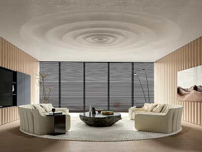 Sales Office Interior with Circular Layered Ceiling Wooden Walls Large Windows Blinds Beige Sofas 3d model