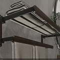 Wall Mounted Wooden Metal Bathroom Shelf With Folded Towels Near Round Mirror And Green Plant