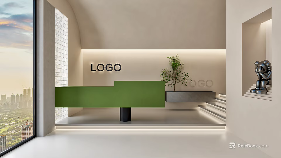 Modern Minimalist Reception Desk Interior With Green Counter Logo Sign And Potted Plant 3d model 