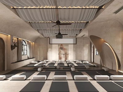 Spacious Yoga Fitness Studio With Neatly Arranged Black And White Mats Arched Windows And Wooden Decor 3d model