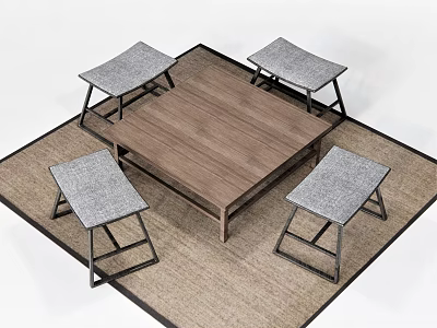 Cozy Wooden Table Set With Gray Padded Stools And Black Metal Legs On Beige Rug 3d model