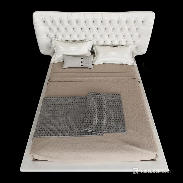 Double Bed With White Tufted Headboard Pillows Gray Polka Pillow Brown Bedspread And Gray Throw 3d model 