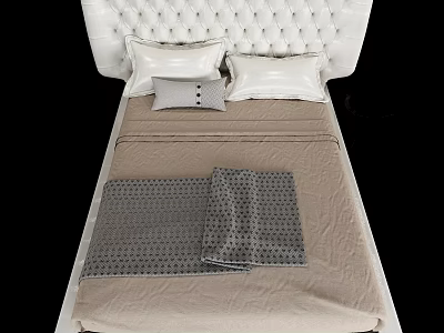 Double Bed With White Tufted Headboard Pillows Gray Polka Pillow Brown Bedspread And Gray Throw 3d model