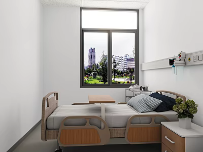 Modern Hospital Room Interior With Bed Window View Bedside Table And Medical Equipment 3d model