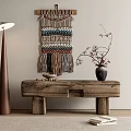 Wooden Console Table With Macramé Wall Hanging Floor Lamp And Flower Branch Decor
