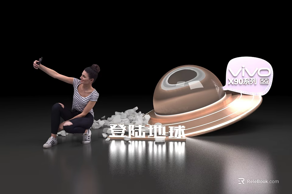 Woman Taking Selfie With Vivo X50 Series Near Flying Saucer Landing On Earth 3d model 