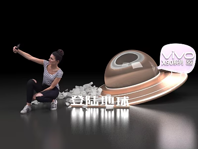 Woman Taking Selfie With Vivo X50 Series Near Flying Saucer Landing On Earth 3d model