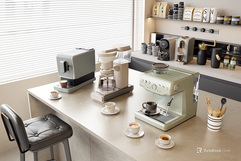 Modern Kitchen With Daily Use Coffee Appliances And Cups 3d model 