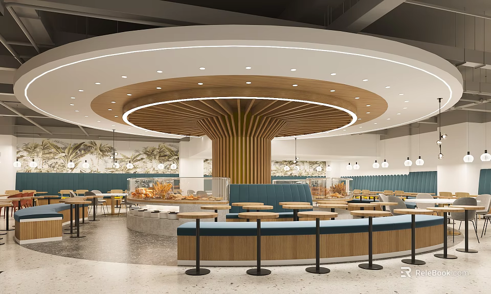 Modern Food Court Interior With Circular Ceiling And Wooden Structure 3d model 