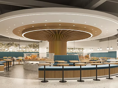 Modern Food Court Interior With Circular Ceiling And Wooden Structure 3d model