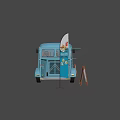 Blue Fish and Chips Food Truck With Menu Boards and Open Service Window