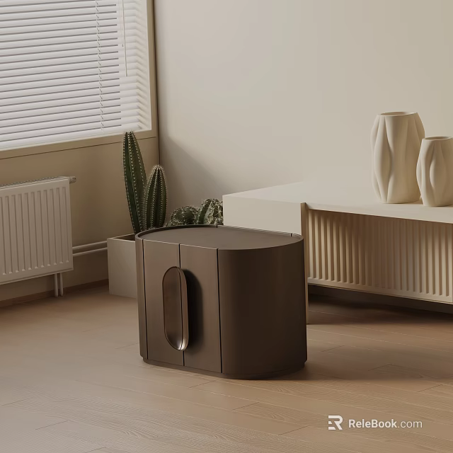 Brown Minimalist Bedside Cabinet With Plants And Window Blinds In Modern Interior 3d model 
