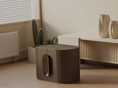 Brown Minimalist Bedside Cabinet With Plants And Window Blinds In Modern Interior 3d model