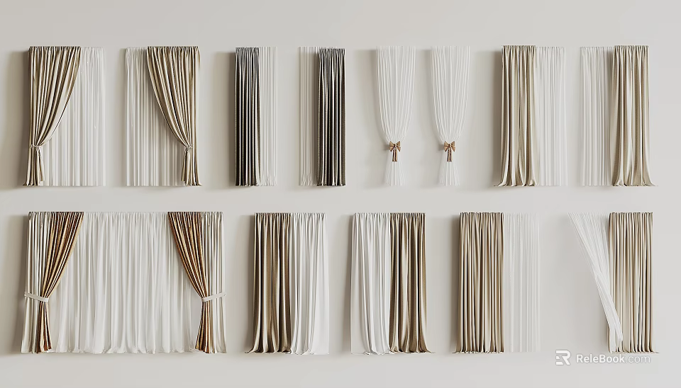 Various Styles Curtains With White Beige Brown Pleated Tied Hanging Design 3d model 