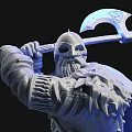 Warrior Sculpture Carving with Glowing Axe Shield and Armored Standing Pose on Base