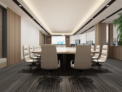 Modern Conference Room Interior With Long Table White Chairs And Projector Screen 3d model