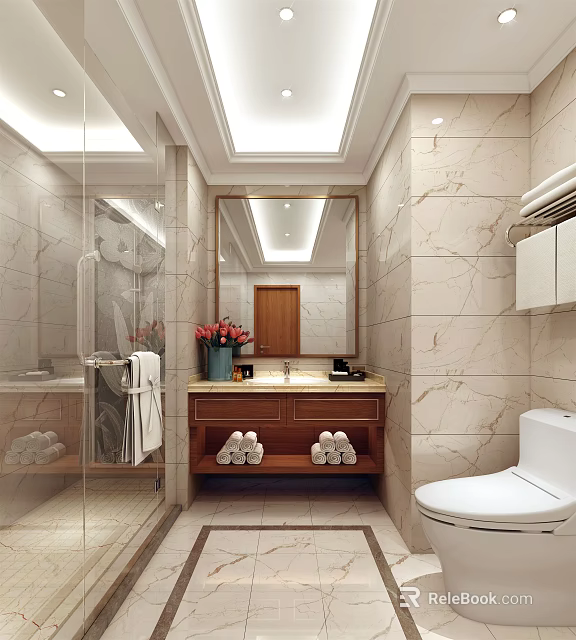 Luxurious Hotel Bathroom With Marble Walls Large Mirror Vanity Towels And Shower Area 3d model 
