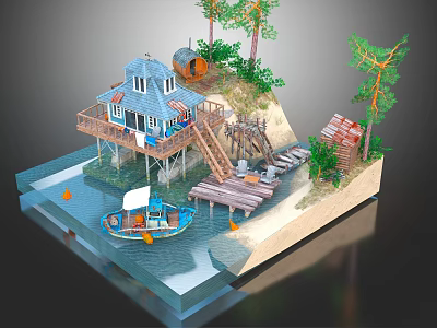 Cartoon Scenic Waterfront Cabin On Sandy Shore With Wooden Pier Small Boat And Pine Trees 3d model