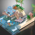 Cartoon Scenic Waterfront Cabin On Sandy Shore With Wooden Pier Small Boat And Pine Trees