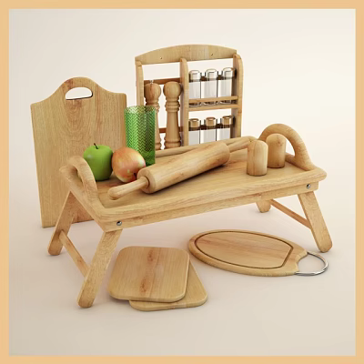 Essential Wooden Kitchenware Set With Cutting Boards Rolling Pin Spice Shakers And Rack 3d model