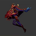 3D Fantasy Warrior Game Character With Red Gold Armor Blue Braided Hair And Purple Mythical Attire