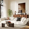 White Sectional Sofa With Plush Pillows Round Coffee Table Green Plant And Large Wall Art