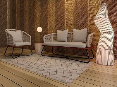 Modern Woven Sofa Set With Armchair Floor Lamp And Geometric Pattern Rug 3d model