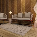 Modern Woven Sofa Set With Armchair Floor Lamp And Geometric Pattern Rug