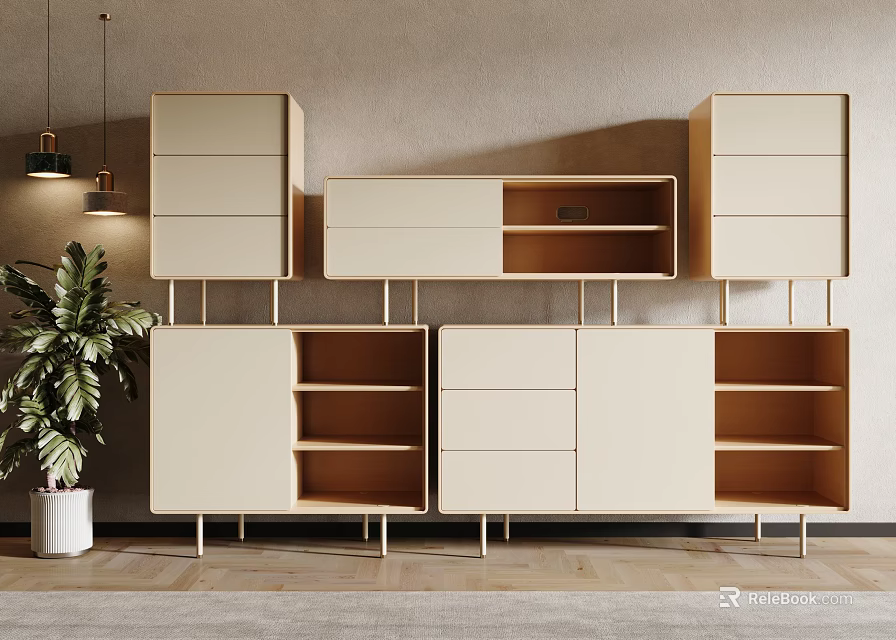 Modern Entryway Cabinet And Console Table With Beige Storage Metal Legs And Open Shelves 3d model 