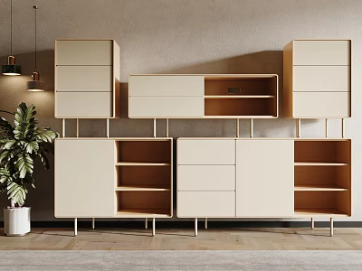 Modern Entryway Cabinet And Console Table With Beige Storage Metal Legs And Open Shelves 3d model